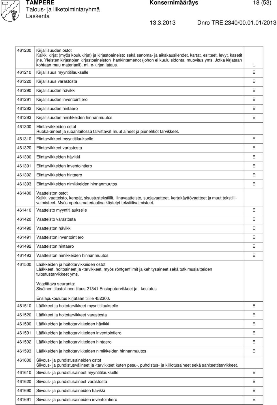 461210 Kirjallisuus myyntitilaukselle 461220 Kirjallisuus varastosta 461290 Kirjallisuuden hävikki 461291 Kirjallisuuden inventointiero 461292 Kirjallisuuden hintaero 461293 Kirjallisuuden