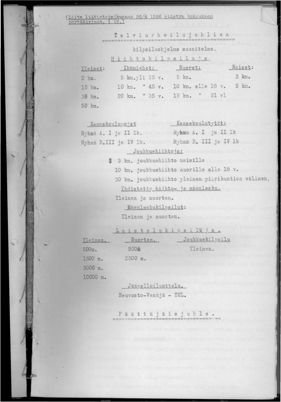 1 ja II lk. ~nsakoulutytöt : Ryhmä A. 1 jo II lk Ryhmä B.III ja IV lk. Ryhmä B. II! jo IV lk. J oukkuehiihtqj.a..;.. 3 km. joukkuehiihto naisille 10 km. joukkuehiihto nuorille alle 18 v. 30 km.