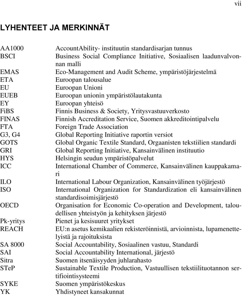 Finnish Accreditation Service, Suomen akkreditointipalvelu FTA Foreign Trade Association G3, G4 Global Reporting Initiative raportin versiot GOTS Global Organic Textile Standard, Orgaanisten