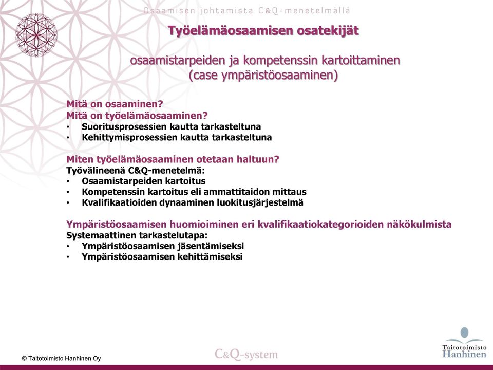 Työvälineenä C&Q-menetelmä: Osaamistarpeiden kartoitus Kompetenssin kartoitus eli ammattitaidon mittaus Kvalifikaatioiden dynaaminen