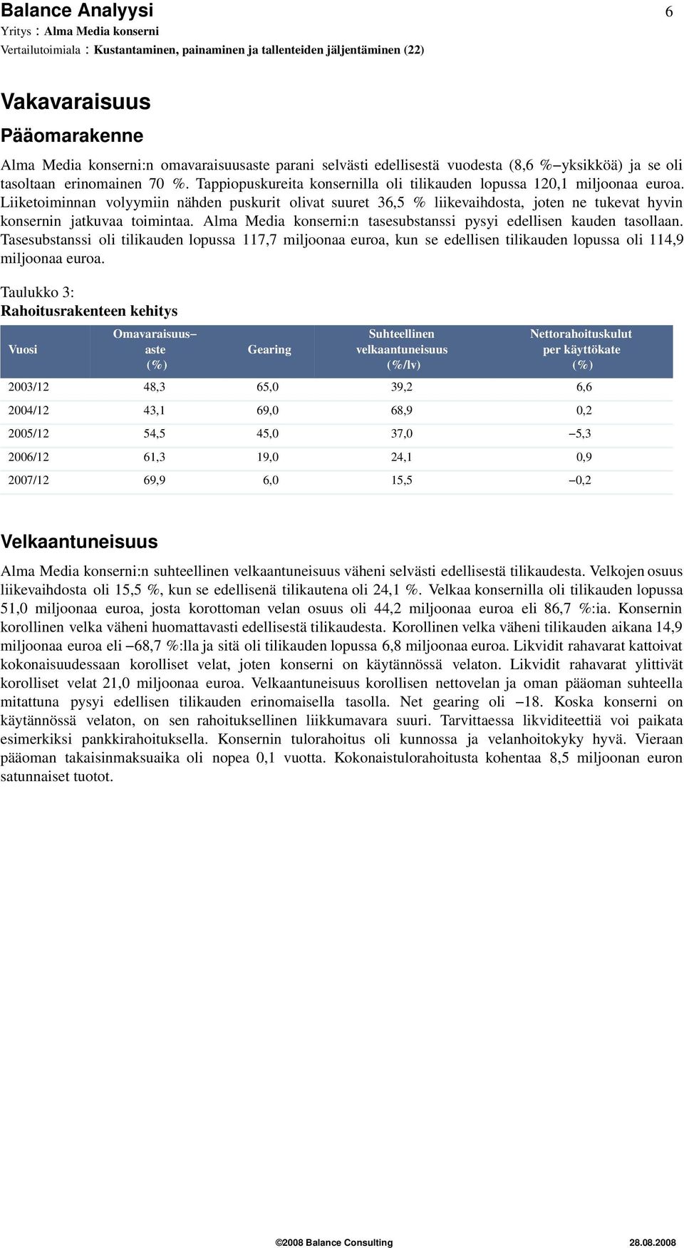 Liiketoiminnan volyymiin nähden puskurit olivat suuret 36,5 % liikevaihdosta, joten ne tukevat hyvin konsernin jatkuvaa toimintaa.