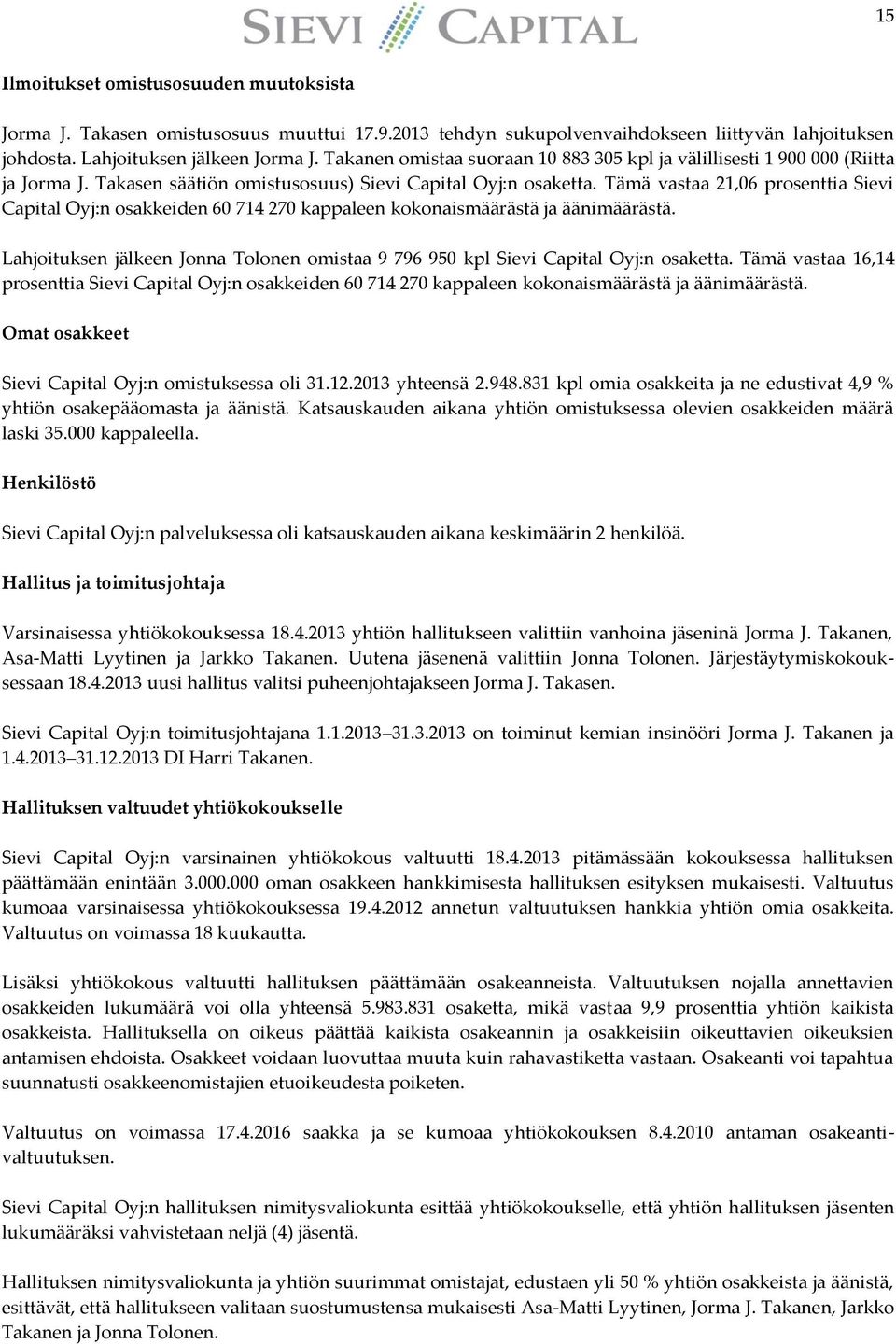 Tämä vastaa 21,06 prosenttia Sievi Capital Oyj:n osakkeiden 60 714 270 kappaleen kokonaismäärästä ja äänimäärästä.