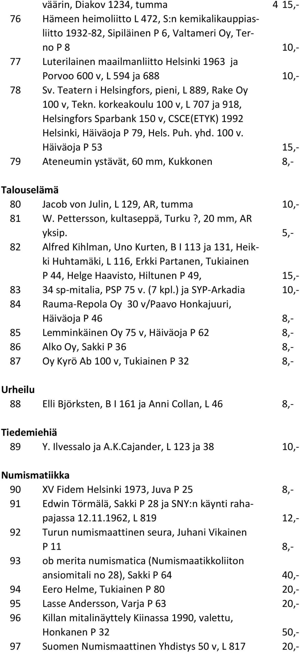 Puh. yhd. 100 v. Häiväoja P 53 15,- 79 Ateneumin ystävät, 60 mm, Kukkonen 8,- Talouselämä 80 Jacob von Julin, L 129, AR, tumma 10,- 81 W. Pettersson, kultaseppä, Turku?, 20 mm, AR yksip.