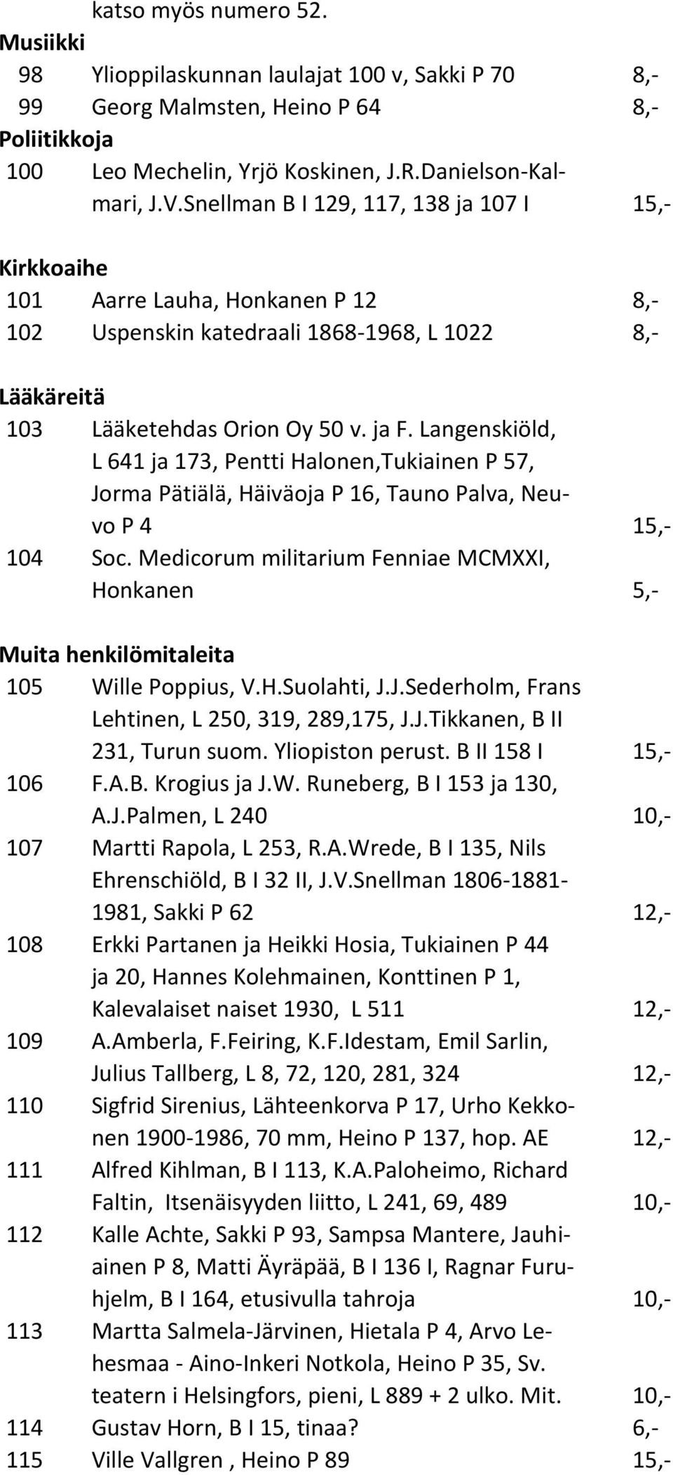 Langenskiöld, L 641 ja 173, Pentti Halonen,Tukiainen P 57, Jorma Pätiälä, Häiväoja P 16, Tauno Palva, Neuvo P 4 15,- 104 Soc.
