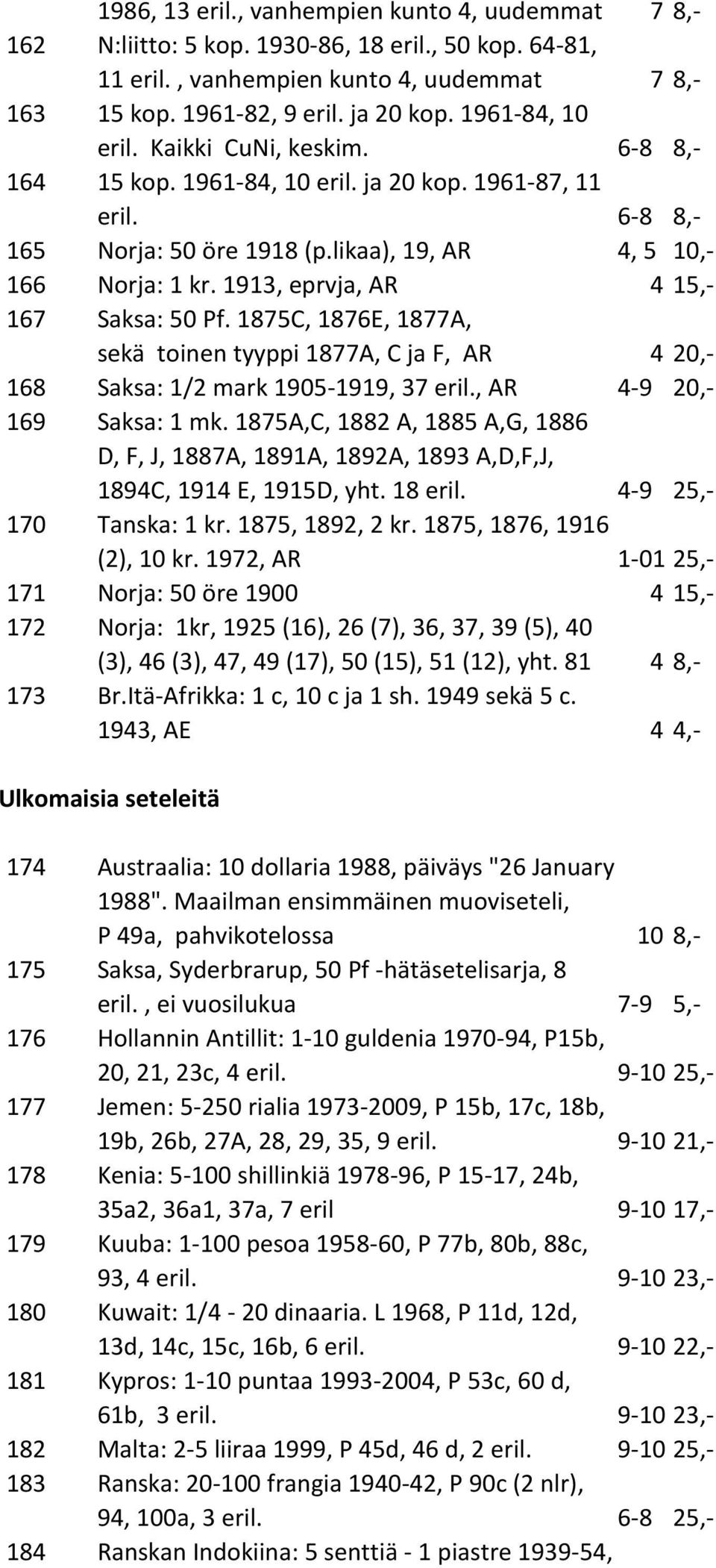 1913, eprvja, AR 4 15,- 167 Saksa: 50 Pf. 1875C, 1876E, 1877A, sekä toinen tyyppi 1877A, C ja F, AR 4 20,- 168 Saksa: 1/2 mark 1905-1919, 37 eril., AR 4-9 20,- 169 Saksa: 1 mk.