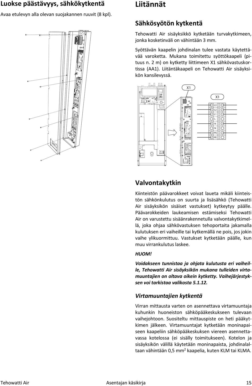 Mukana toimitettu syöttökaapeli (pituus n. 2 m) on kytketty liittimeen X sähkövastuskortissa (AA). Liitäntäkaapeli on Tehowatti Air sisäyksikön kansilevyssä.