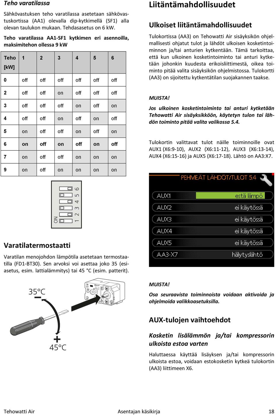 off off on off on 6 on off on off on off 7 on off off on on on Liitäntämahdollisuudet Ulkoiset liitäntämahdollisuudet Tulokortissa (AA3) on Tehowatti Air sisäyksikön ohjelmallisesti ohjatut tulot ja