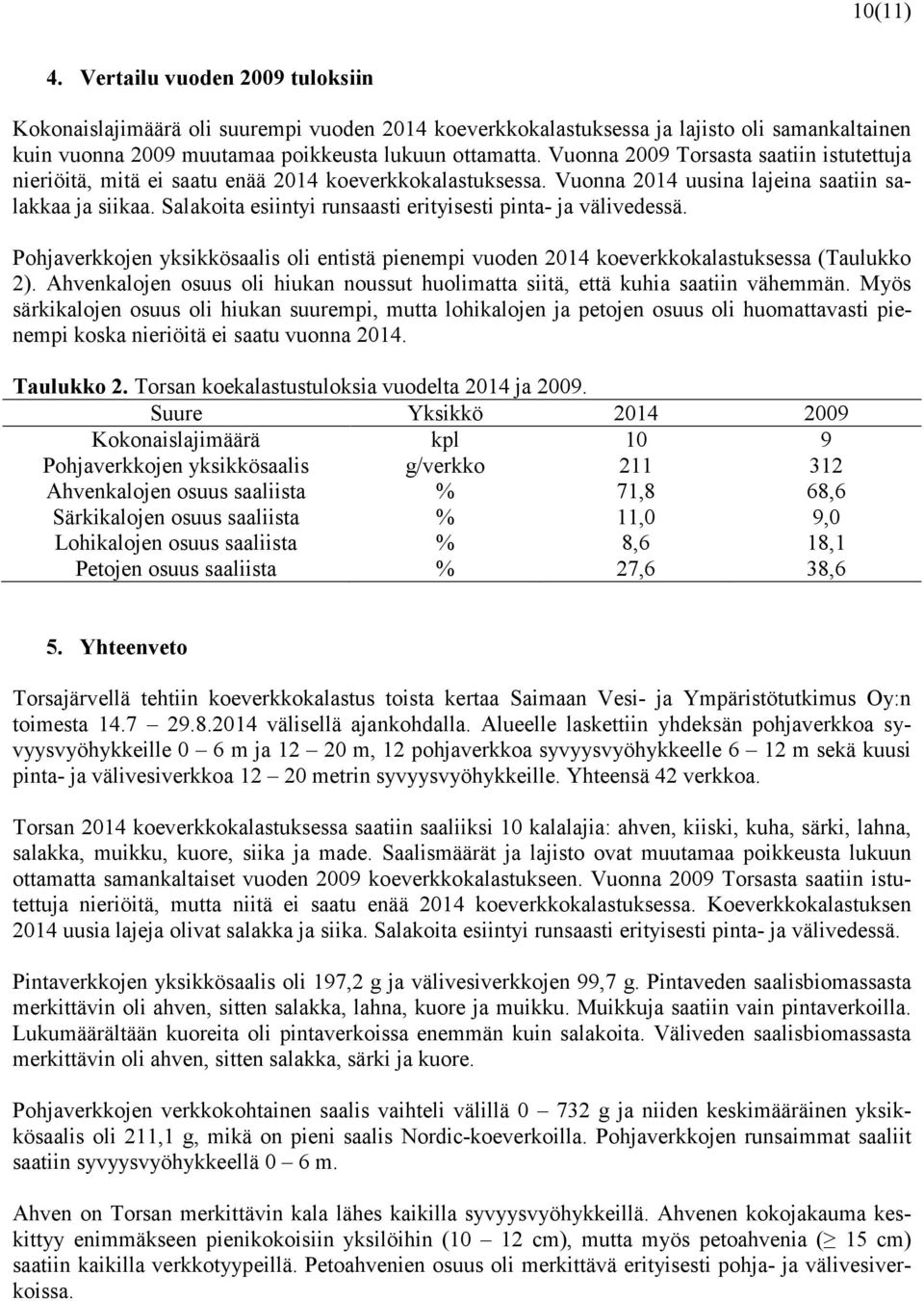 Salakoita esiintyi runsaasti erityisesti pinta- ja välivedessä. Pohjaverkkojen yksikkösaalis oli entistä pienempi vuoden 2014 koeverkkokalastuksessa (Taulukko 2).