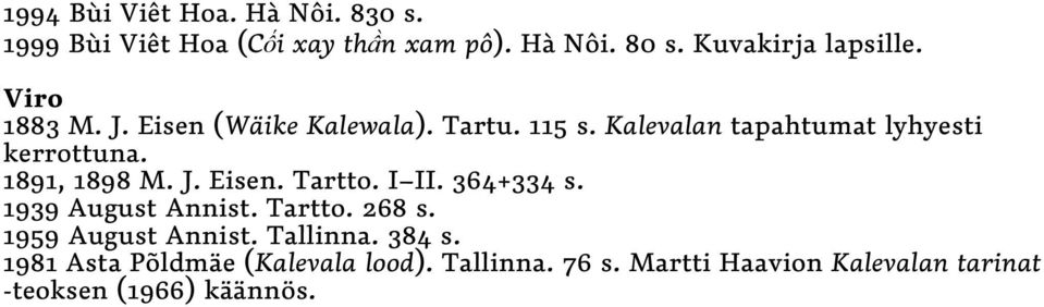 J. Eisen. Tartto. I II. 364+334 s. 1939 August Annist. Tartto. 268 s. 1959 August Annist. Tallinna. 384 s.