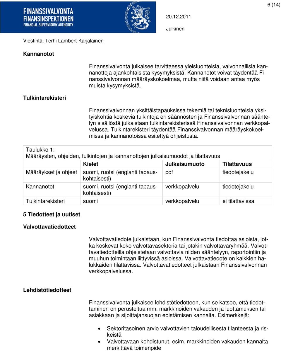 Finanssivalvonnan yksittäistapauksissa tekemiä tai teknisluonteisia yksityiskohtia koskevia tulkintoja eri säännösten ja Finanssivalvonnan sääntelyn sisällöstä julkaistaan tulkintarekisterissä