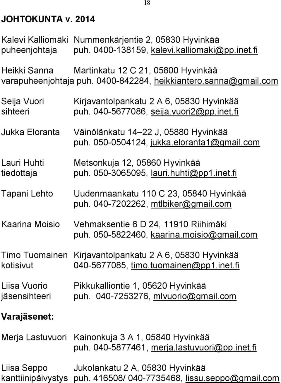 com Seija Vuori sihteeri Jukka Eloranta Lauri Huhti tiedottaja Tapani Lehto Kaarina Moisio Kirjavantolpankatu 2 A 6, 05830 Hyvinkää puh. 040-5677086, seija.vuori2@pp.inet.
