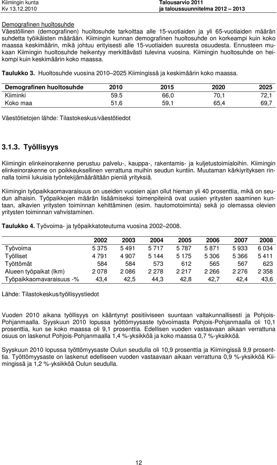 Ennusteen mukaan Kiimingin huoltosuhde heikentyy merkittävästi tulevina vuosina. Kiimingin huoltosuhde on heikompi kuin keskimäärin koko maassa. Taulukko 3.