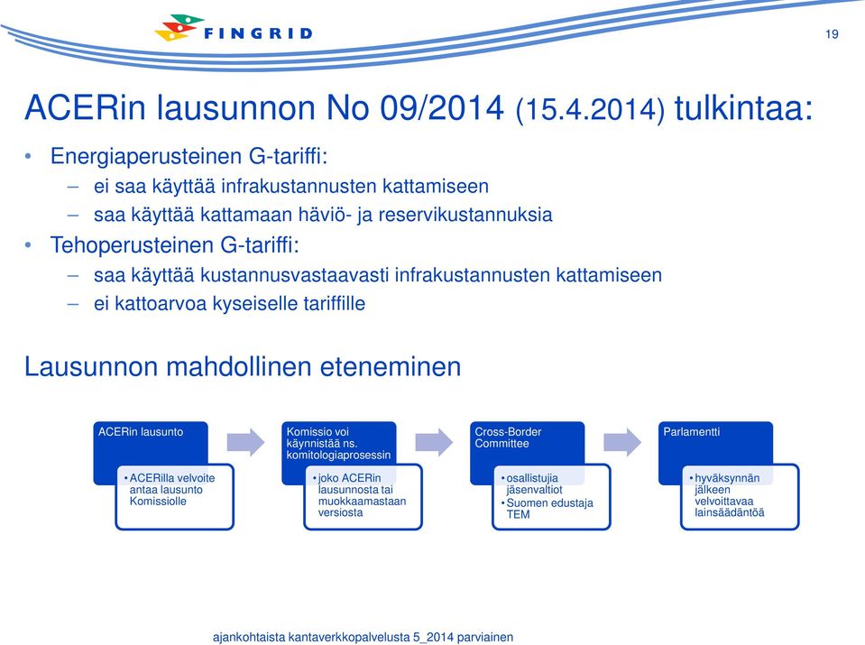 2014) tulkintaa: Energiaperusteinen G-tariffi: ei saa käyttää infrakustannusten kattamiseen saa käyttää kattamaan häviö- ja reservikustannuksia