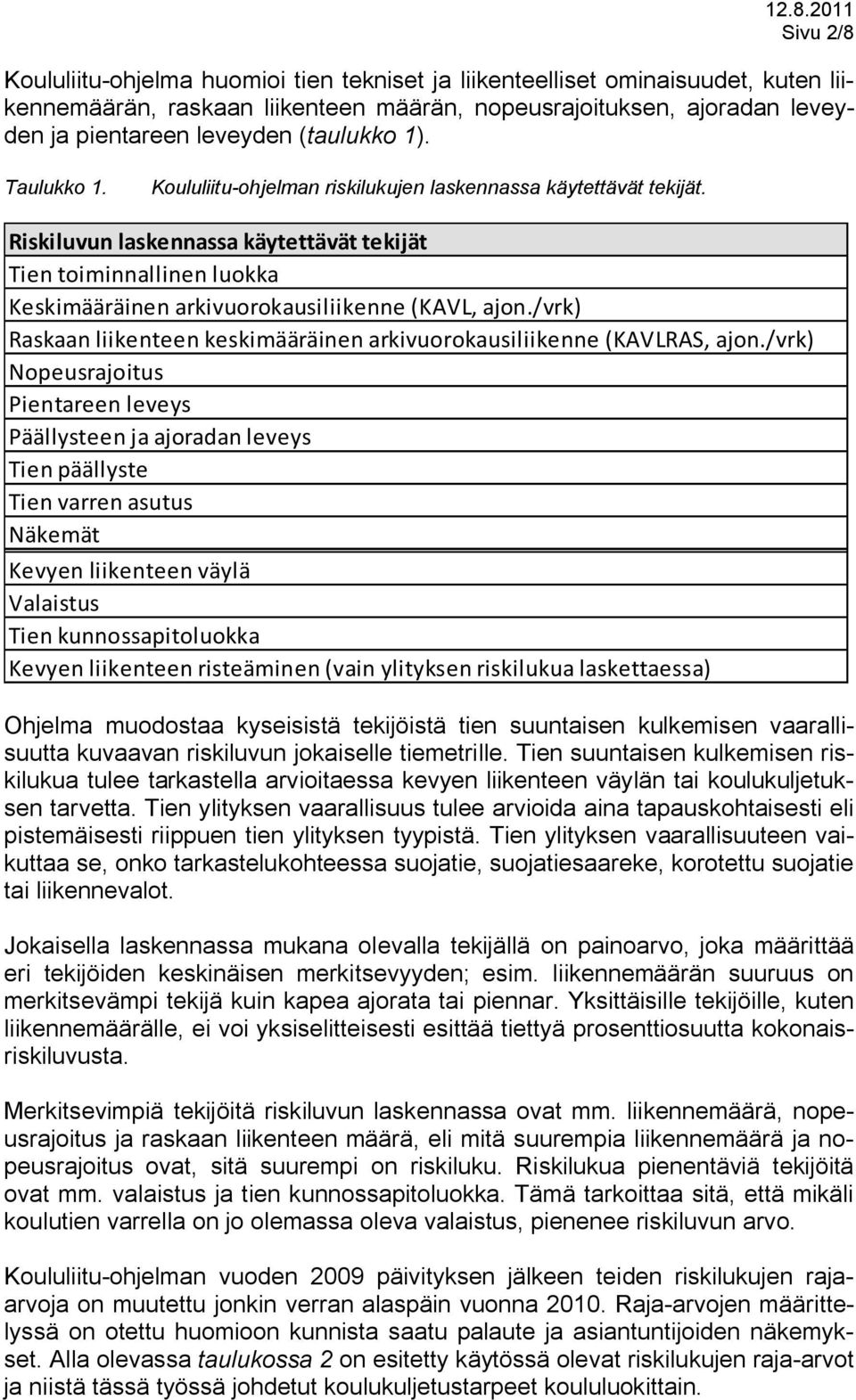 Riskiluvun laskennassa käytettävät tekijät Tien toiminnallinen luokka Keskimääräinen arkivuorokausiliikenne (KAVL, ajon./vrk) Raskaan liikenteen keskimääräinen arkivuorokausiliikenne (KAVLRAS, ajon.