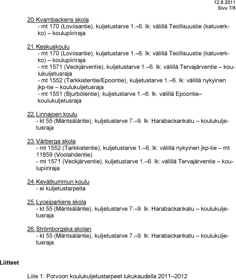 Linnajoen koulu - kt 55 (Mäntsäläntie), kuljetustarve 7. 9. lk: Harabackankatu 23. Vårberga skola - mt 1552 (Tarkkistentie), kuljetustarve 1. 6.