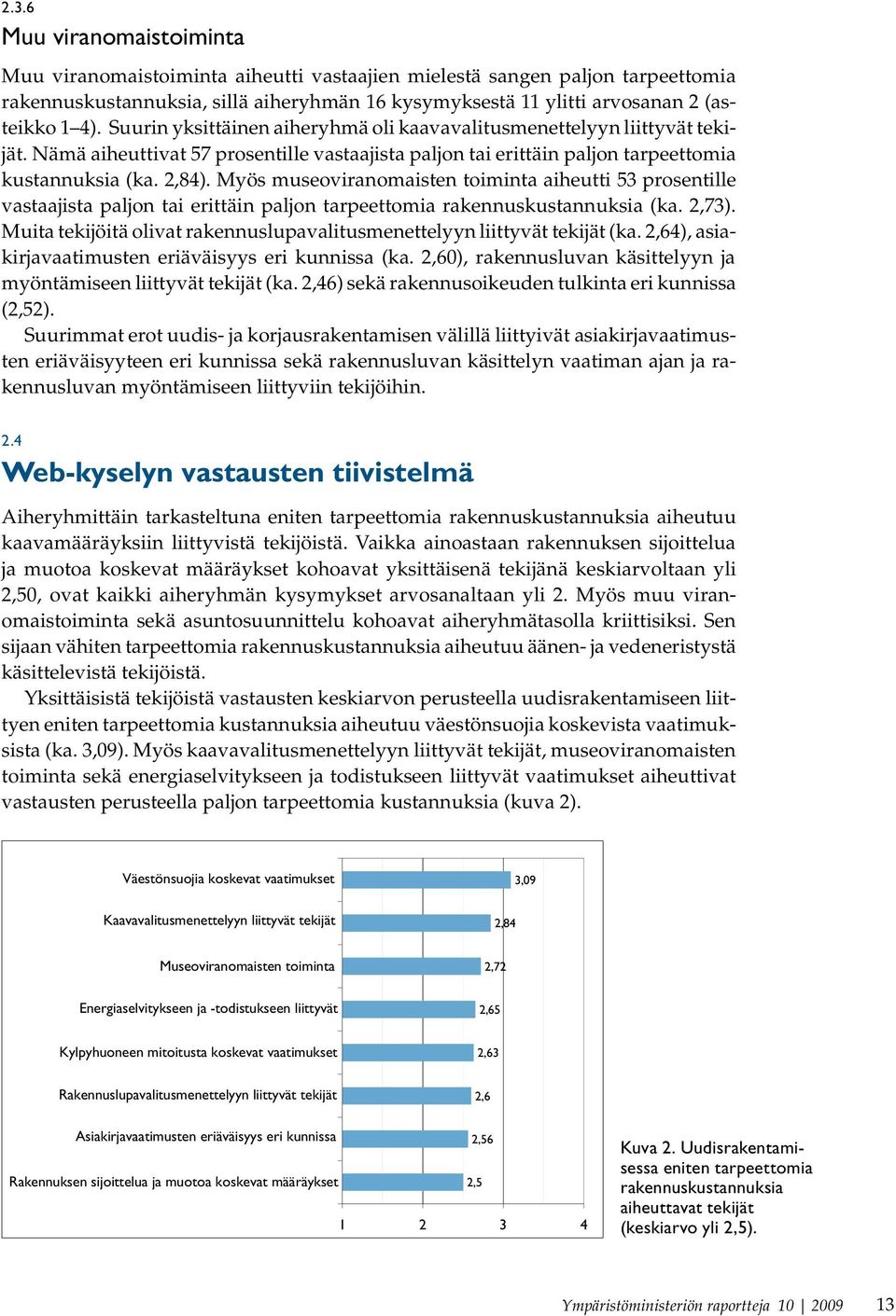 Myös museoviranomaisten toiminta aiheutti 53 prosentille vastaajista paljon tai erittäin paljon tarpeettomia rakennuskustannuksia (ka. 2,73).