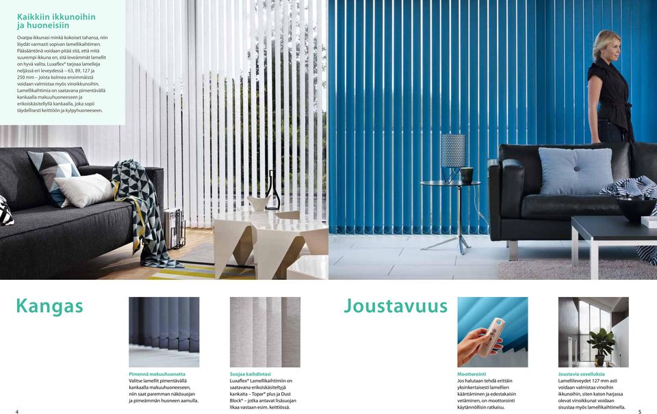 Luxaflex tarjoaa lamelleja neljässä eri leveydessä 63, 89, 127 ja 250 mm joista kolmea ensimmäistä voidaan valmistaa myös vinoikkunoihin.