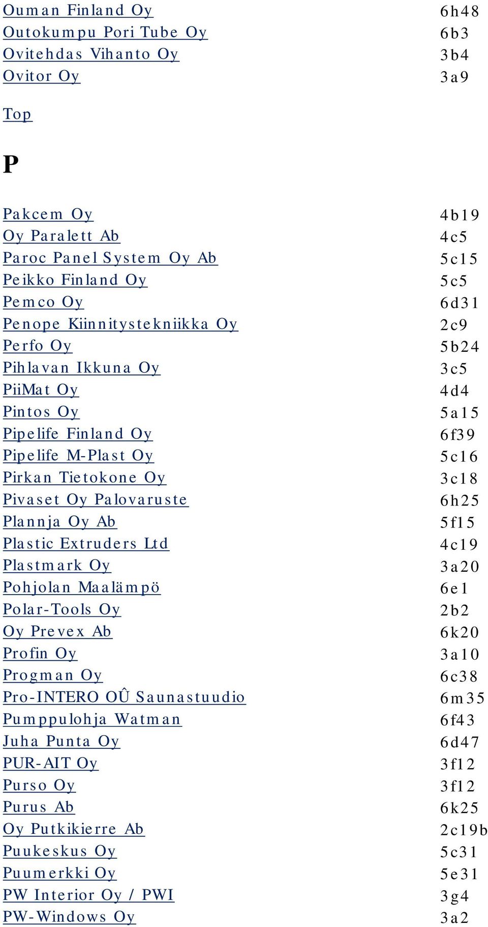 Plastmark Oy Pohjolan Maalämpö Polar-Tools Oy Oy Prevex Ab Profin Oy Progman Oy Pro-INTERO OÛ Saunastuudio Pumppulohja Watman Juha Punta Oy PUR-AIT Oy Purso Oy Purus Ab Oy Putkikierre Ab