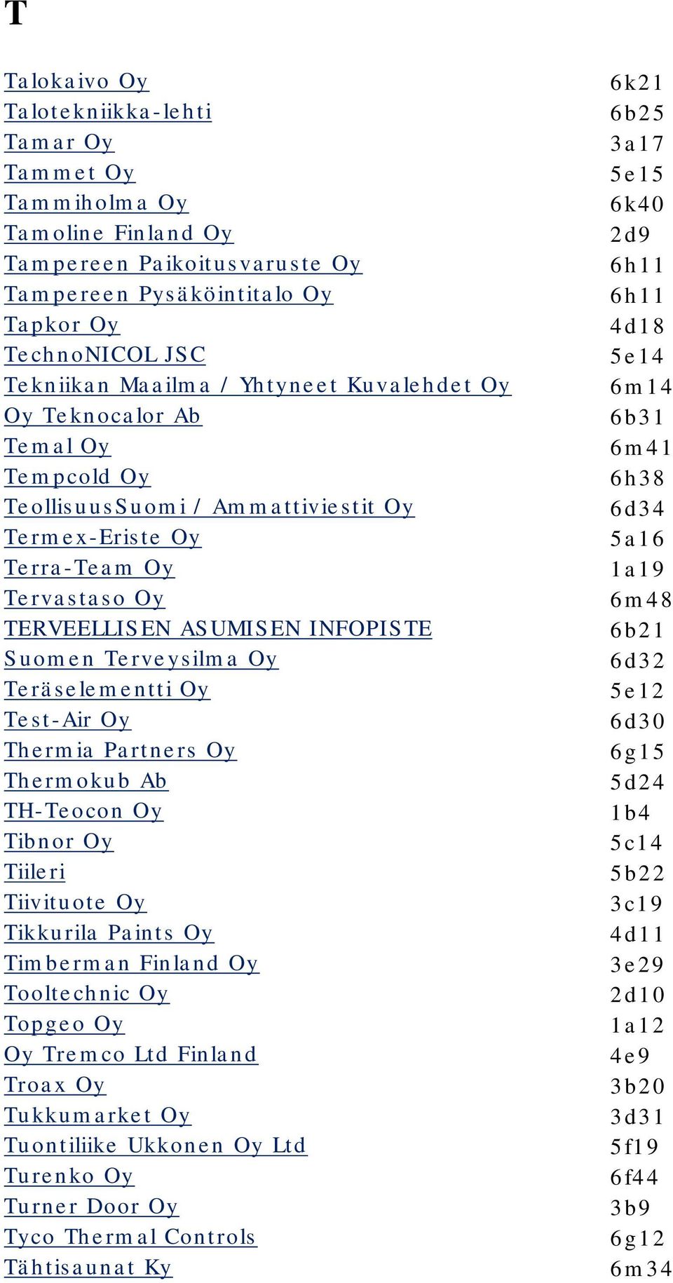 Teräselementti Oy Test-Air Oy Thermia Partners Oy Thermokub Ab TH-Teocon Oy Tibnor Oy Tiileri Tiivituote Oy Tikkurila Paints Oy Timberman Finland Oy Tooltechnic Oy geo Oy Oy Tremco Ltd Finland Troax