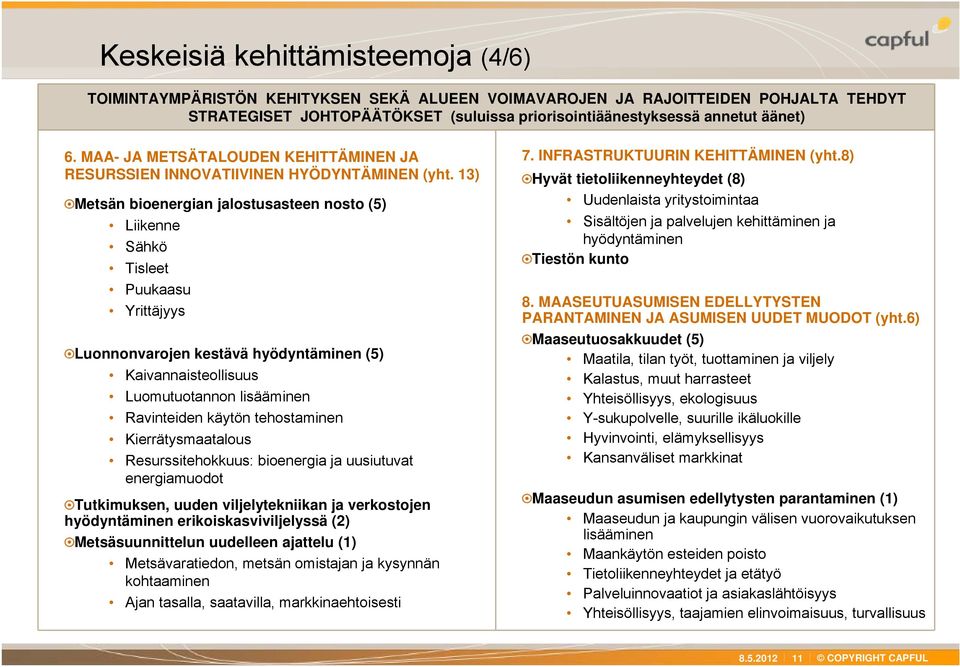 13) Metsän bioenergian jalostusasteen nosto (5) Liikenne Sähkö Tisleet Puukaasu Yrittäjyys Luonnonvarojen kestävä hyödyntäminen (5) Kaivannaisteollisuus Luomutuotannon lisääminen Ravinteiden käytön