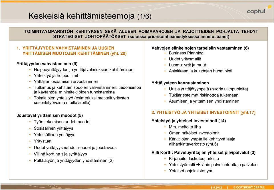 20) Yrittäjyyden vahvistaminen (9) Huippuyrittäjyyden ja yrittäjävalmiuksien kehittäminen Yhteistyö ja huipputiimit Yrittäjien osaamisen arvostaminen Tutkimus ja kehittämispuolen vahvistaminen: