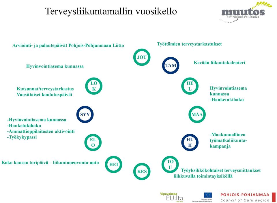 -Hanketukihaku -Hyvinvointiasema kunnassa -Hanketukihaku -Ammattioppilaitosten aktivointi -Työkykypassi SYY EL O HU H MAA -Maakunnallinen