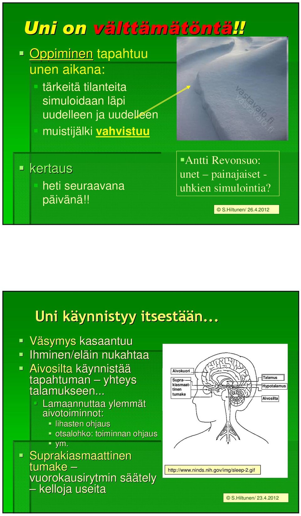 ! Antti Revonsuo: unet painajaiset - uhkien simulointia? S.Hiltunen/ 26.4.2012 Uni käynnistyy k itsestää ään.