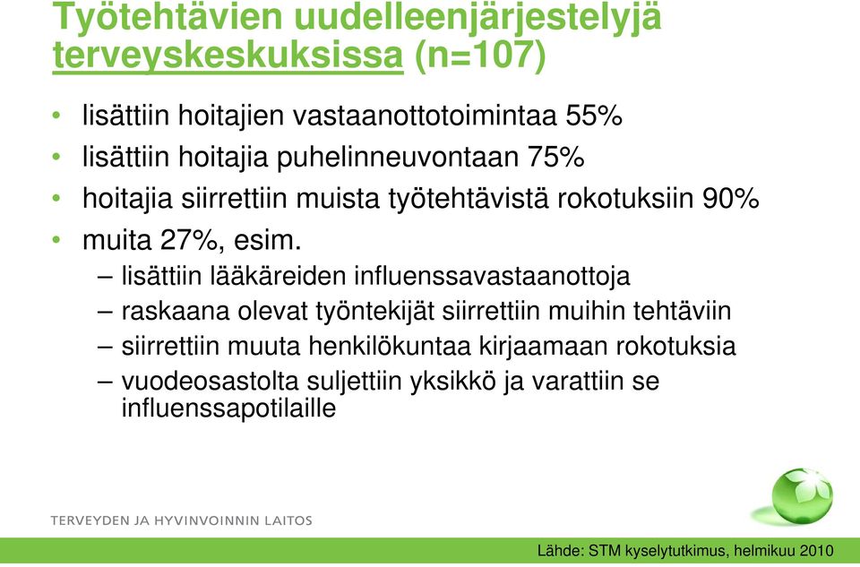 lisättiin lääkäreiden influenssavastaanottoja raskaana olevat työntekijät siirrettiin muihin tehtäviin siirrettiin muuta