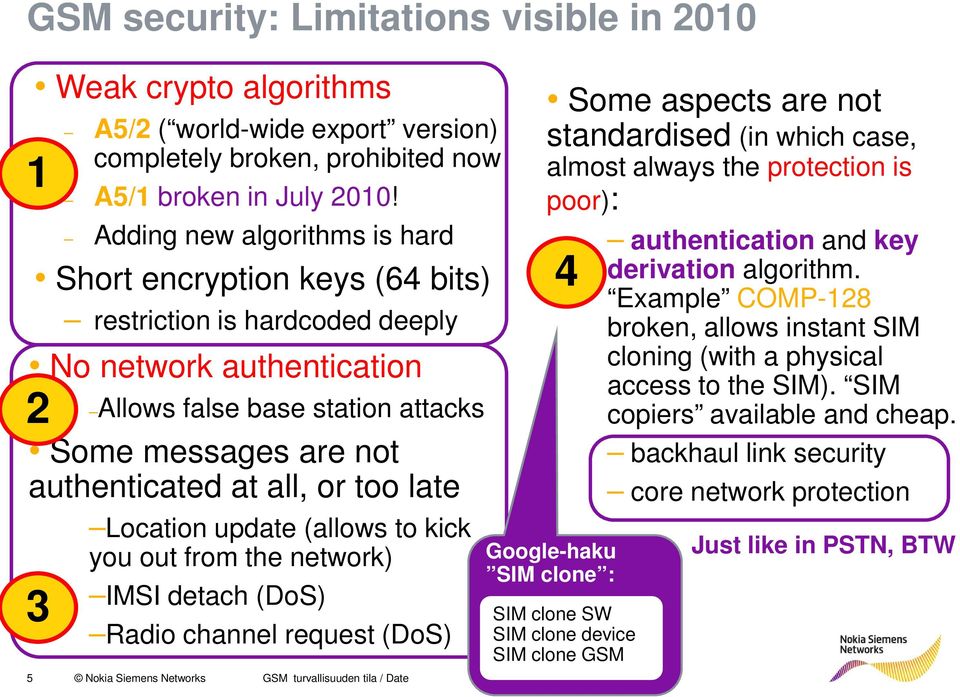 or too late 3 Location update (allows to kick you out from the network) IMSI detach (DoS) Radio channel request (DoS) 5 Nokia Siemens Networks GSM turvallisuuden tila / Date Some aspects are not