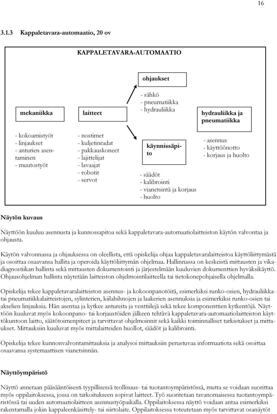 asennus - käyttöönotto - korjaus ja huolto Näytön kuvaus Näyttöön kuuluu asennusta ja kunnossapitoa sekä kappaletavara-automaatiolaitteiston käytön valvontaa ja ohjausta.