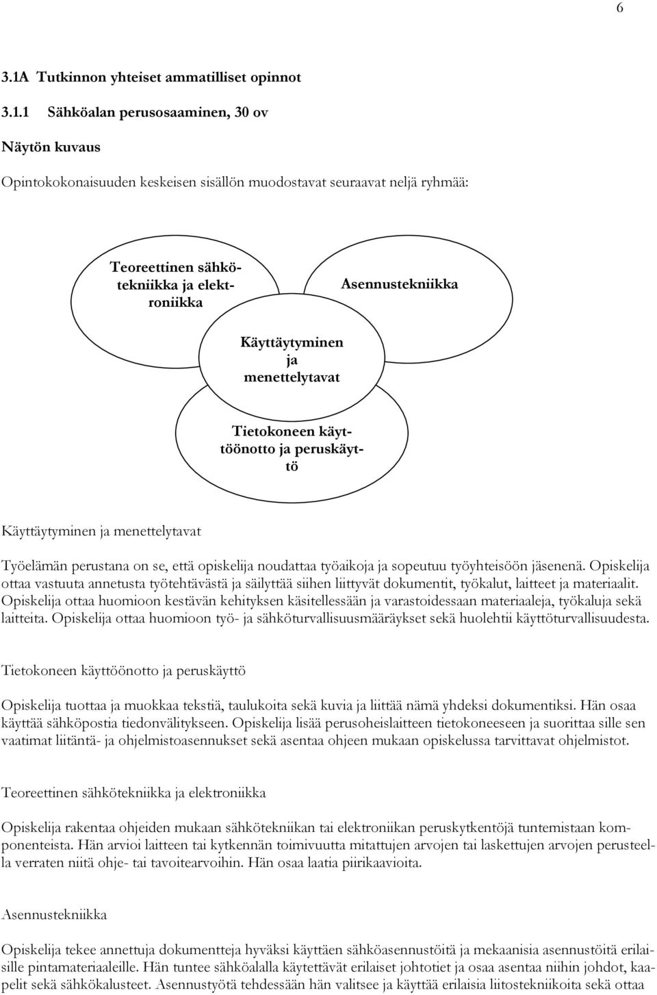 1 Sähköalan perusosaaminen, 30 ov Näytön kuvaus Opintokokonaisuuden keskeisen sisällön muodostavat seuraavat neljä ryhmää: Teoreettinen sähkötekniikka ja elektroniikka Asennustekniikka Käyttäytyminen