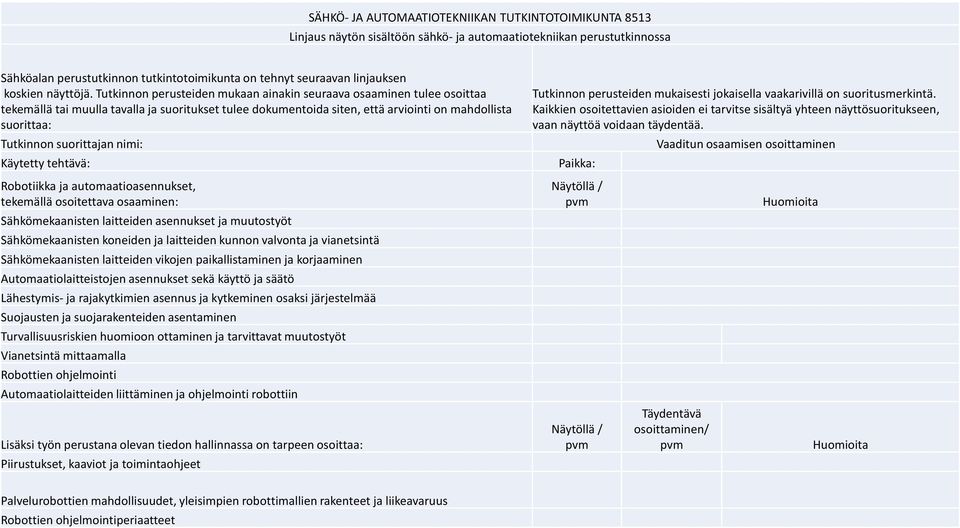 Tutkinnon perusteiden mukaan ainakin seuraava osaaminen tulee osoittaa tekemällä tai muulla tavalla ja suoritukset tulee dokumentoida siten, että arviointi on mahdollista suorittaa: Tutkinnon