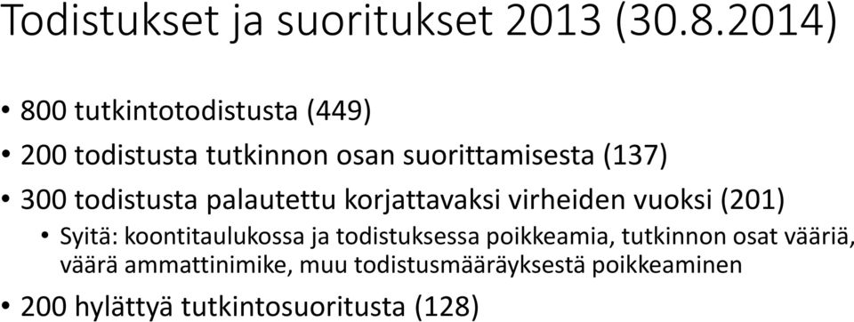 300 todistusta palautettu korjattavaksi virheiden vuoksi (201) Syitä: koontitaulukossa ja