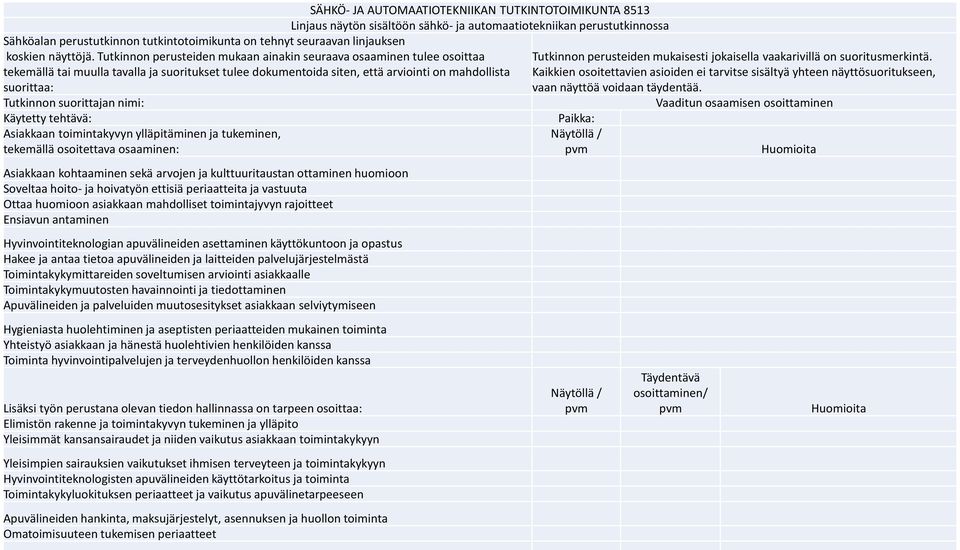 Tutkinnon perusteiden mukaan ainakin seuraava osaaminen tulee osoittaa tekemällä tai muulla tavalla ja suoritukset tulee dokumentoida siten, että arviointi on mahdollista suorittaa: Tutkinnon