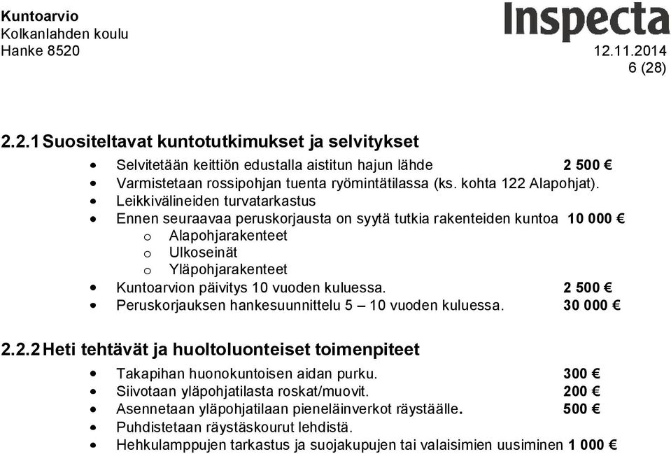 kuluessa. 2 500 Peruskorjauksen hankesuunnittelu 5 10 vuoden kuluessa. 30 000 2.2.2 Heti tehtävät ja huoltoluonteiset toimenpiteet Takapihan huonokuntoisen aidan purku.