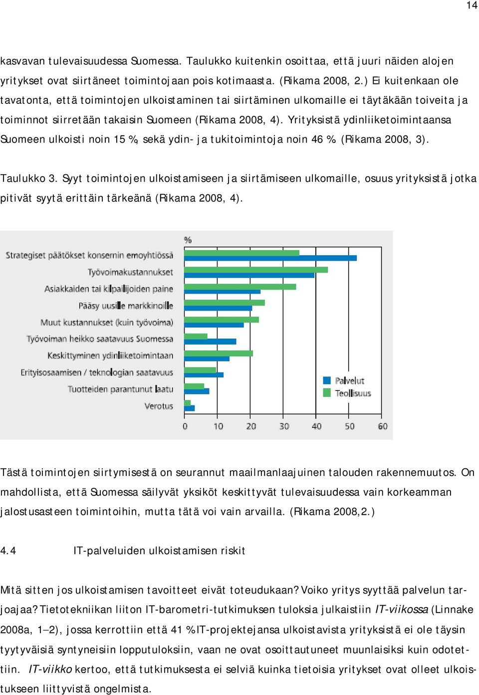 Yrityksistä ydinliiketoimintaansa Suomeen ulkoisti noin 15 %, sekä ydin- ja tukitoimintoja noin 46 %. (Rikama 2008, 3). Taulukko 3.