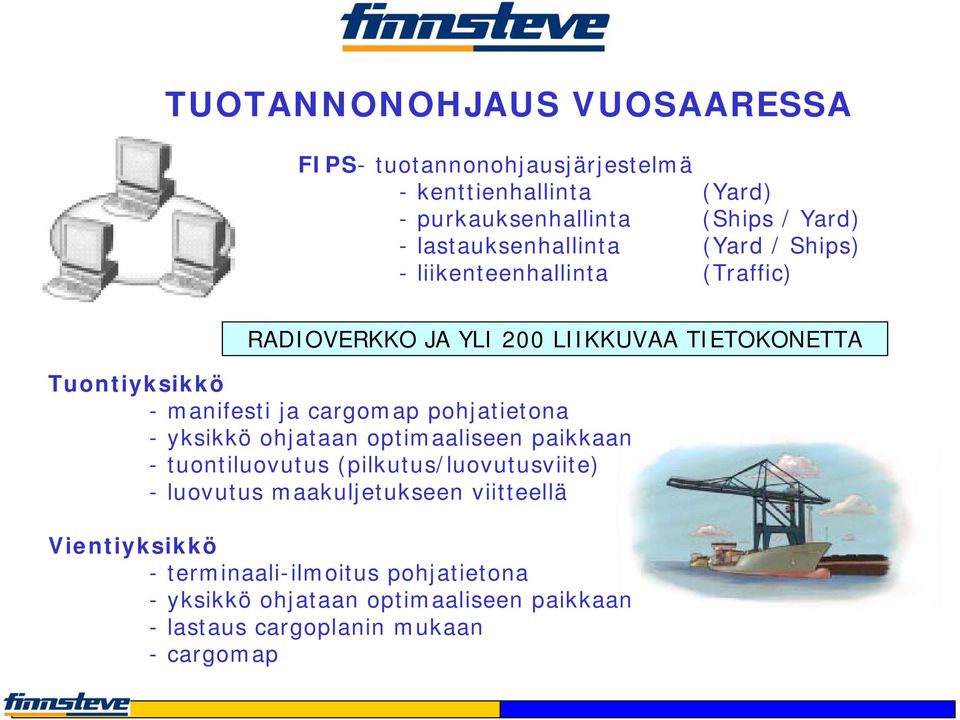 manifesti ja cargomap pohjatietona - yksikkö ohjataan optimaaliseen paikkaan - tuontiluovutus (pilkutus/luovutusviite) - luovutus