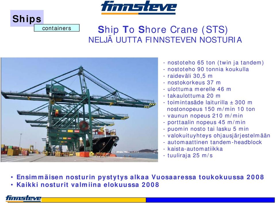 vaunun nopeus 210 m/min - porttaalin nopeus 45 m/min - puomin nosto tai lasku 5 min - valokuituyhteys ohjausjärjestelmään - automaattinen