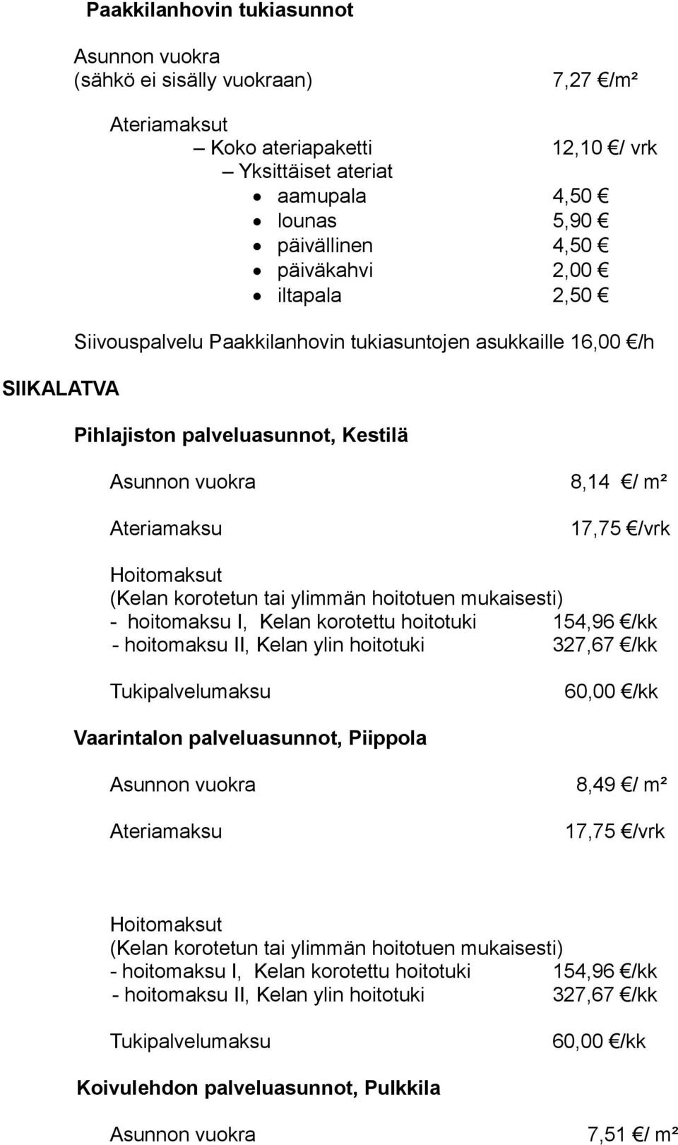 korotetun tai ylimmän hoitotuen mukaisesti) - hoitomaksu I, Kelan korotettu hoitotuki 154,96 /kk - hoitomaksu II, Kelan ylin hoitotuki 327,67 /kk Tukipalvelumaksu 60,00 /kk Vaarintalon