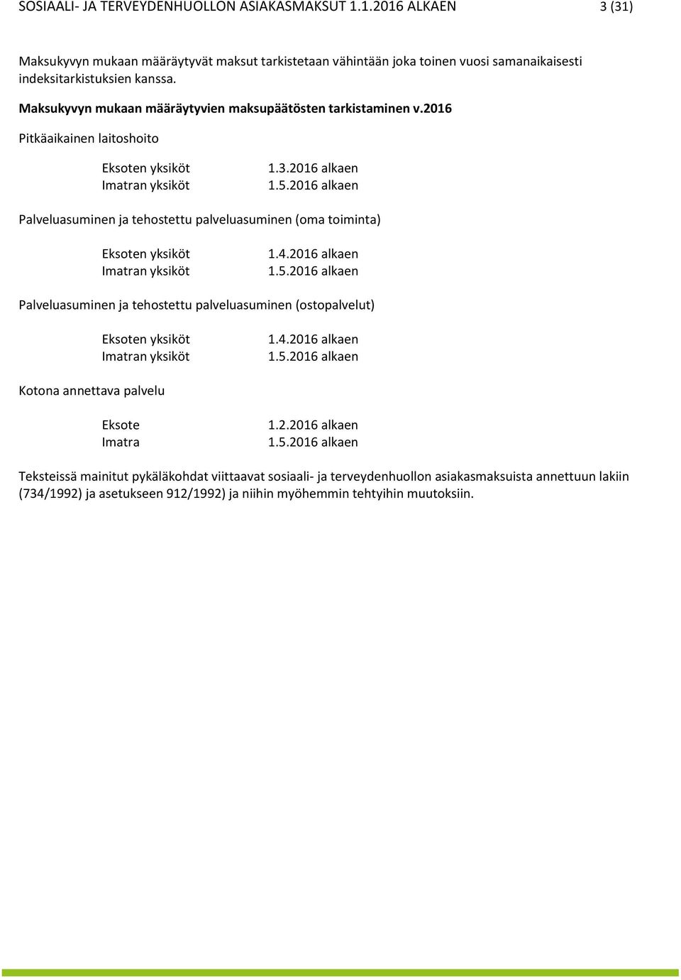 2016 alkaen Palveluasuminen ja tehostettu palveluasuminen (oma toiminta) Eksoten yksiköt Imatran yksiköt 1.4.2016 alkaen 1.5.