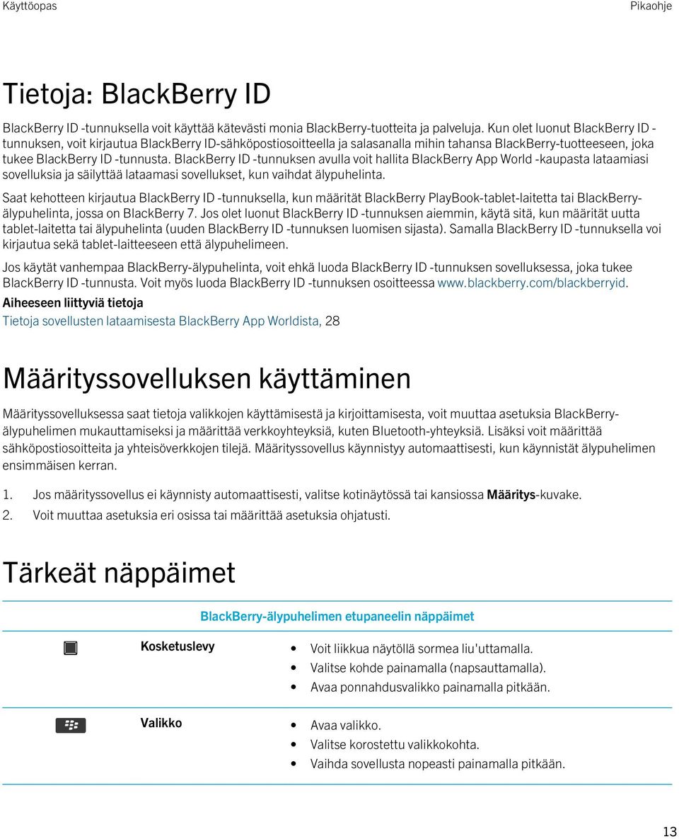 BlackBerry ID -tunnuksen avulla voit hallita BlackBerry App World -kaupasta lataamiasi sovelluksia ja säilyttää lataamasi sovellukset, kun vaihdat älypuhelinta.