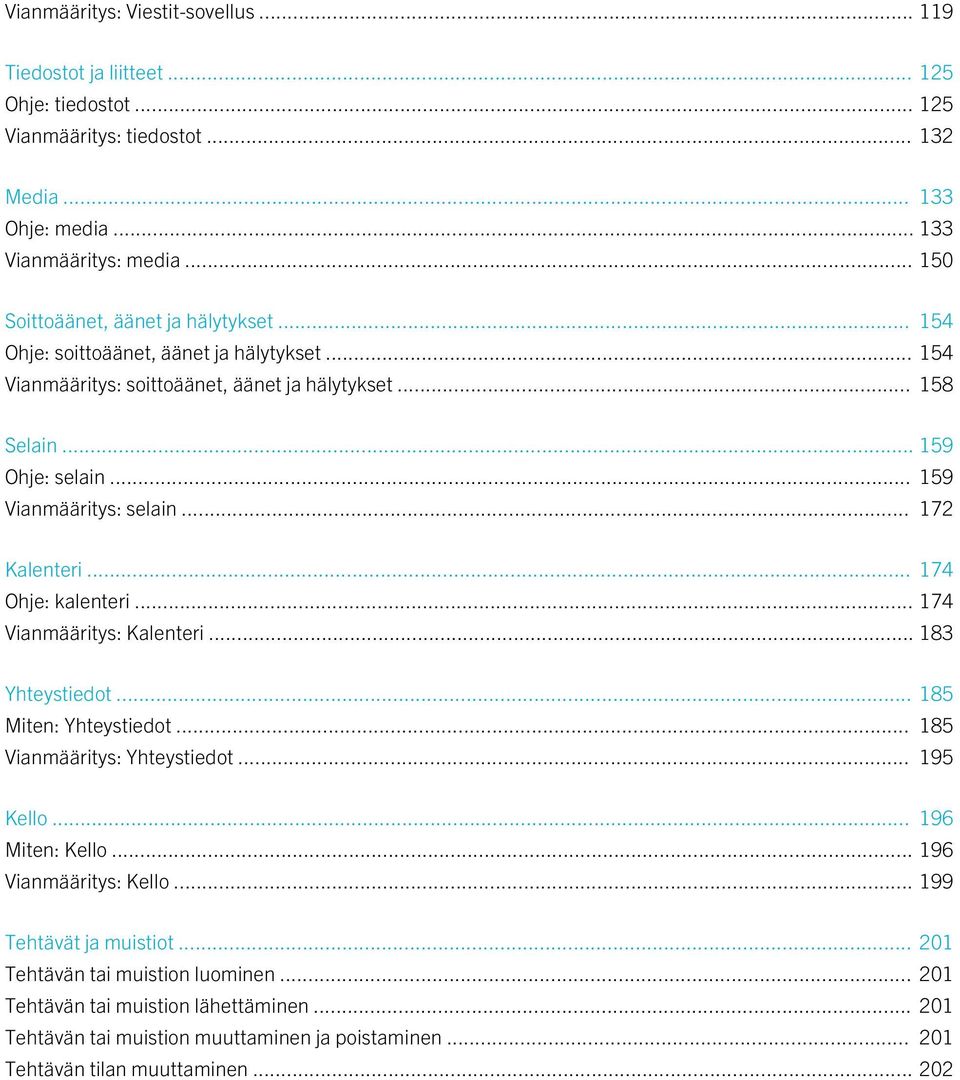 .. 159 Vianmääritys: selain... 172 Kalenteri... 174 Ohje: kalenteri... 174 Vianmääritys: Kalenteri... 183 Yhteystiedot... 185 Miten: Yhteystiedot... 185 Vianmääritys: Yhteystiedot... 195 Kello.