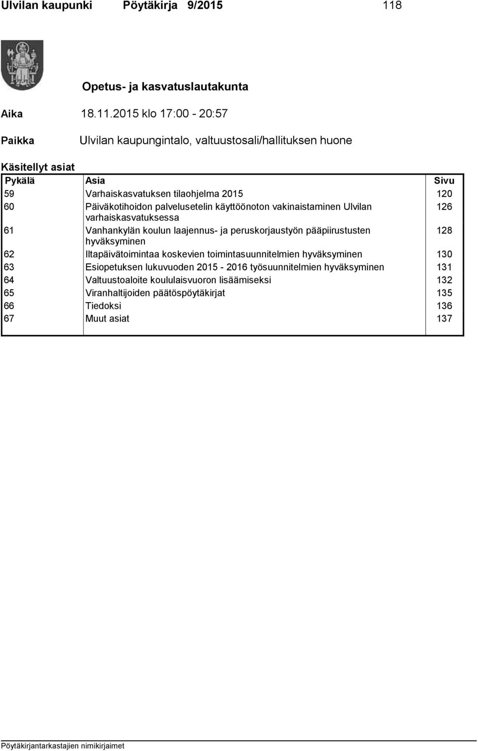 2015 klo 17:00-20:57 Paikka Ulvilan kaupungintalo, valtuustosali/hallituksen huone Käsitellyt asiat Pykälä Asia Sivu 59 Varhaiskasvatuksen tilaohjelma 2015 120 60