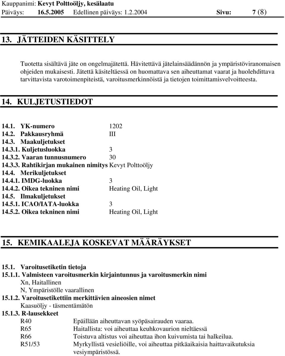 Jätettä käsiteltäessä on huomattava sen aiheuttamat vaarat ja huolehdittava tarvittavista varotoimenpiteistä, varoitusmerkinnöistä ja tietojen toimittamisvelvoitteesta. 14. KULJETUSTIEDOT 14.1. YK-numero 1202 14.