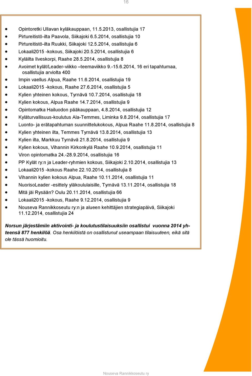 6.2014, osallistujia 19 Lokaali2015 -kokous, Raahe 27.6.2014, osallistujia 5 Kylien yhteinen kokous, Tyrnävä 10.7.2014, osallistujia 18 Kylien kokous, Alpua Raahe 14.7.2014, osallistujia 9 Opintomatka Hailuodon pääkauppaan, 4.