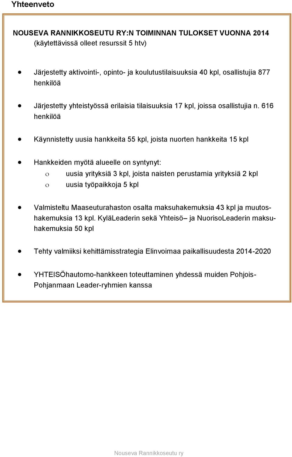 616 henkilöä Käynnistetty uusia hankkeita 55 kpl, joista nuorten hankkeita 15 kpl Hankkeiden myötä alueelle on syntynyt: uusia yrityksiä 3 kpl, joista naisten perustamia yrityksiä 2 kpl uusia