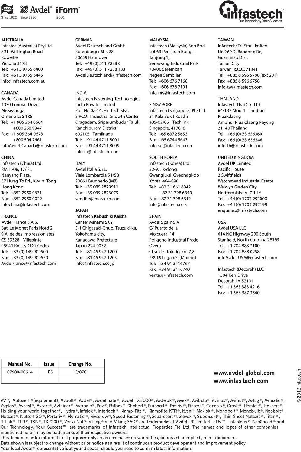 com CHINA Infastech (China) Ltd RM 708, 7/ F., Nanyang Plaza, 57 Hung To Rd., Kwun Tong Hong Kong Tel: +85 950 063 Fax: +85 950 00 infochina@infastech.com FRANCE Avdel France S.A.S. Bat.