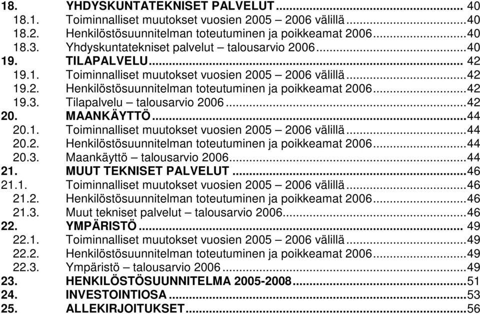 ..42 19.3. Tilapalvelu talousarvio 2006...42 20. MAANKÄYTTÖ...44 20.1. Toiminnalliset muutokset vuosien 2005 2006 välillä...44 20.2. Henkilöstösuunnitelman toteutuminen ja poikkeamat 2006...44 20.3. Maankäyttö talousarvio 2006.