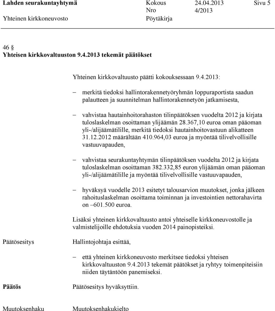 2013 tekemät päätökset Yhteinen kirkkovaltuusto päätti kokouksessaan 9.4.