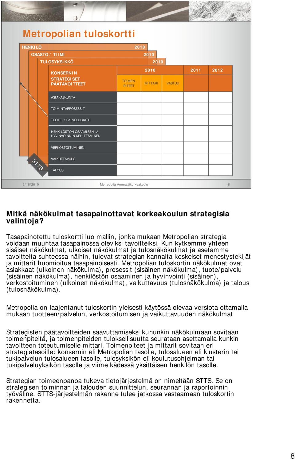 strategisia valintoja? Tasapainotettu tuloskortti luo mallin, jonka mukaan Metropolian strategia voidaan muuntaa tasapainossa oleviksi tavoitteiksi.